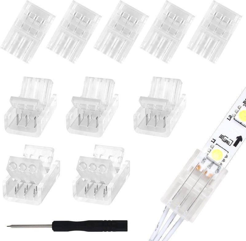 RGBZONE 10Pcs 3 Pin 8mm LED Strip Connectors Gapless Solderless Strip to Wire Quick Connector Universal for 8mm Waterproof and Non-Waterproof WS2811 WS2812B LED Strip Lights - Image 1